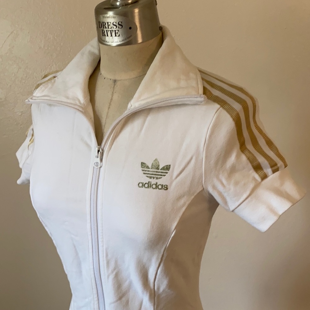 ADIDAS zip up mini DRESS all white w/ shoulder stripes high collar pockets